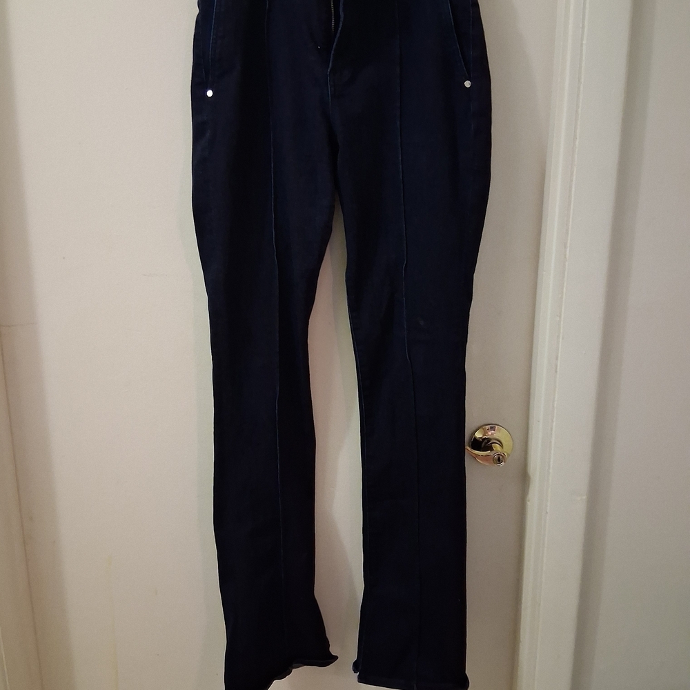 Express Dark Blue Women's Skyscraper Mid Rise Jeans. With Split Boot Flare - Picture 1 of 7